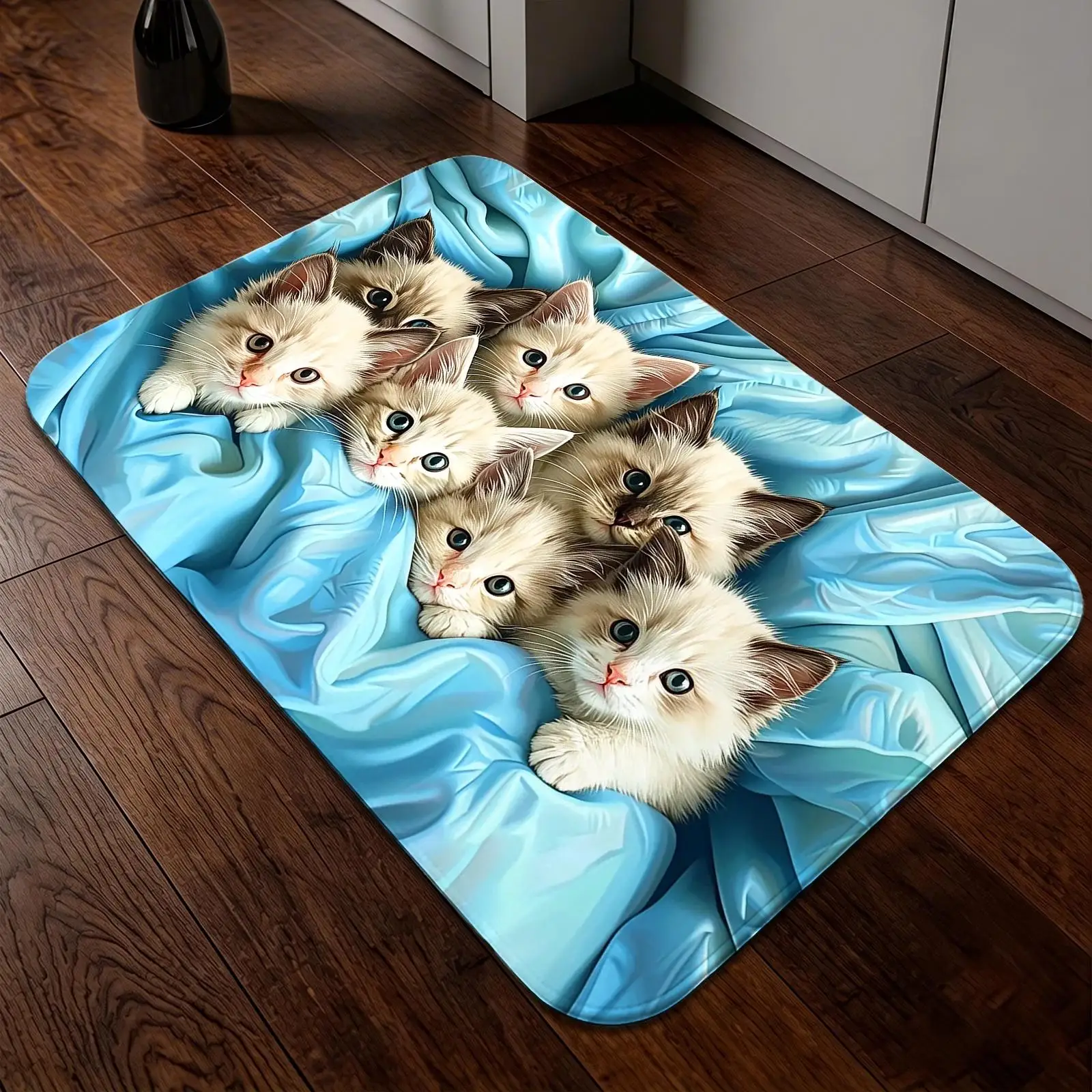 1pc 2D Flat Cute Kittens Huddled Blue Silk Blanket Flannel Area Rug Non Slip Cozy Pet Carpet For Living Room Bedroom Floor Decor