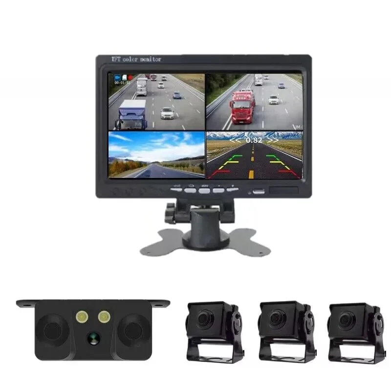 4 Channel AHD 7 inch monitor kit DVR recorder for truck bus van w/ SD card memory parking sensor 2 in 1 buzzer