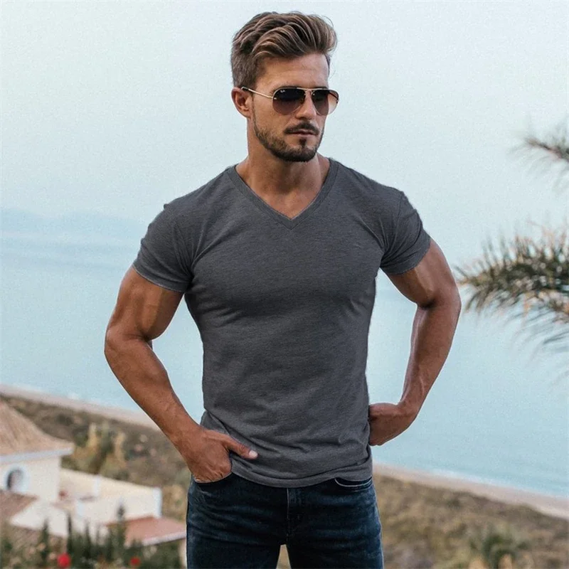 Gym T-shirt Men Fashion V Neck Short Sleeve Sports Tee Shirt Bodybuilding Fitness Workout Summer Breathable Cotton Clothing — zdjęcie 6
