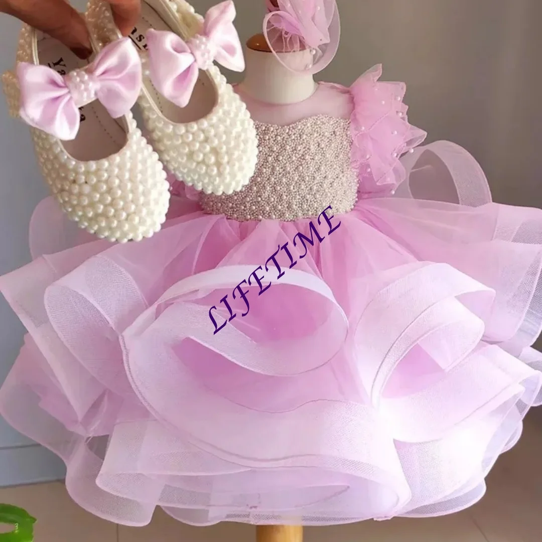 Customized Pearl Princess Tutu Dress for Girls - Flower Girl Wedding Birthday Host Gown Children's Piano Performance Pageant Out