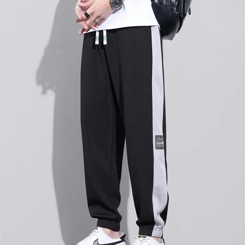 Versatile Street Thin Loose Breathable Sports Casual Pants Men\'s Trendy Pockets Patchwork Contrast Drawstring Straight Trousers