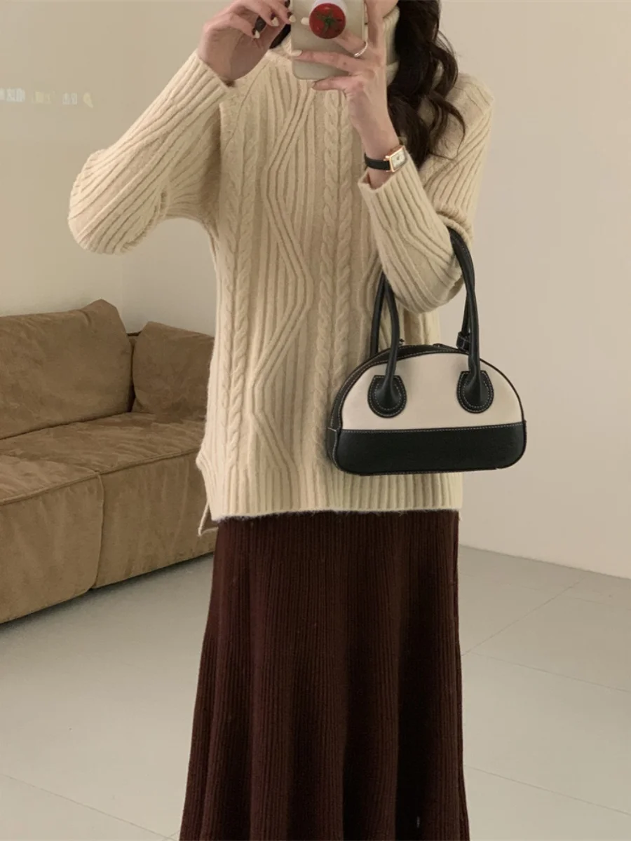 

Свободный вязаный свитер Thiened Unconstrained с высоким воротником и открытым разрезом в стиле ретро, трикотаж со спиральным узором для молодых женщин