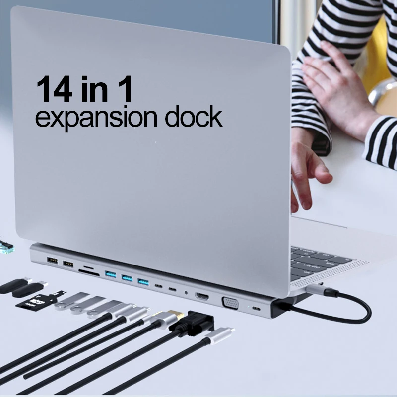 14-in-1 Type C Hub Expansion Docking Station with HDMI RJ45 USB3.0 Port PD VGA TF/SD Card Reader  Audio for iPad Laptop Notebook