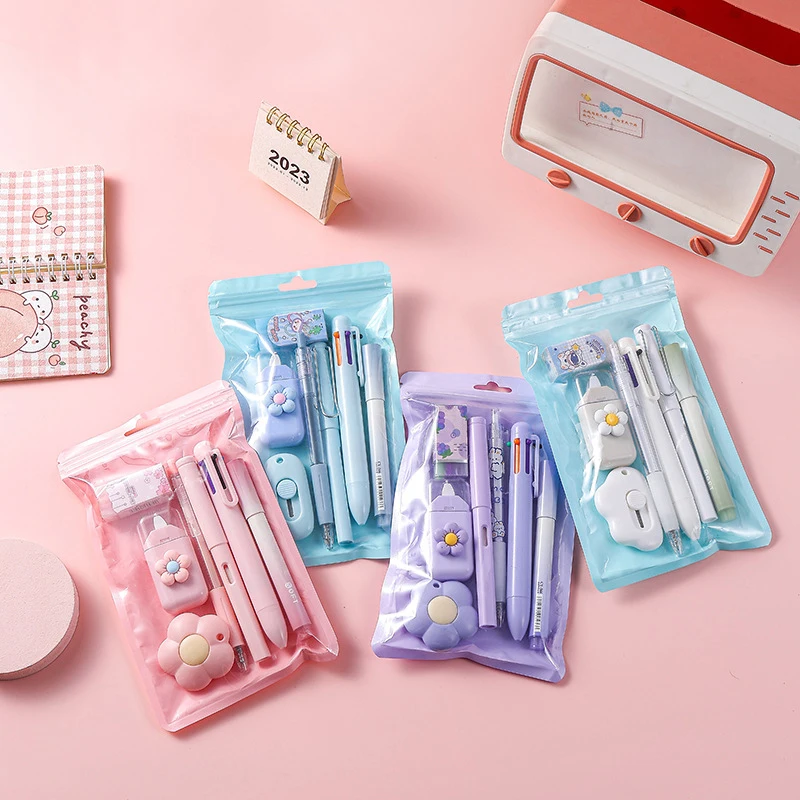 4/6/7pcs cat's paw Stationery Set correction tape gel pen eraser utility knife Pencil Sharpeners student School Supplies gift