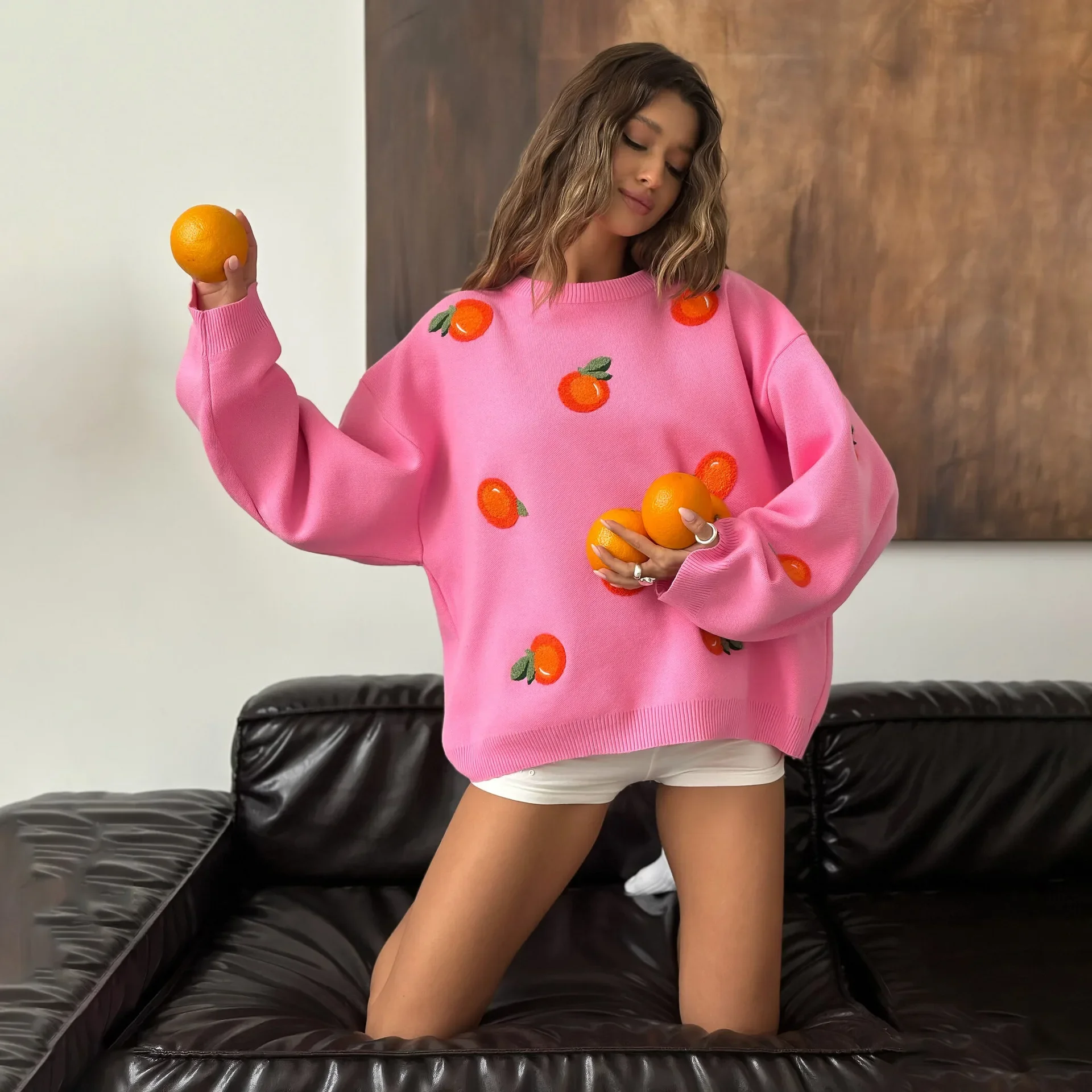 Tangerine embroidery long-sleeved knitwear senior sense loose crew neck pullover sweater for women