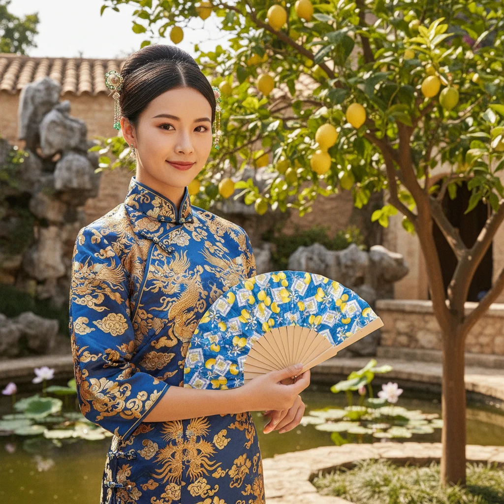 Lemon Print Folding Hand Fan with Wooden Handle Lightweight Portable Chinese Style Fan for Summer Wedding Party Travel