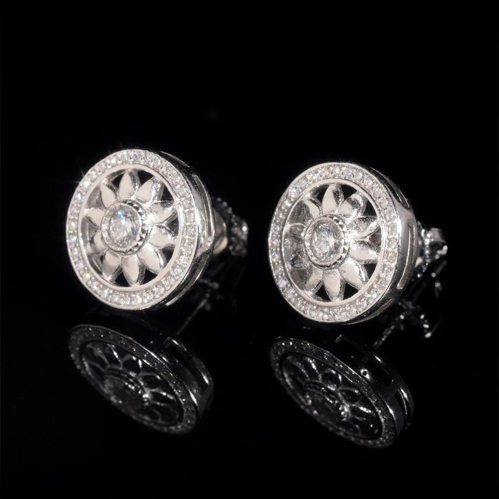 Hip Hop Iced Bling Moissanite Flower Stud Earrings Screwback 925 Sterling Silver 11.3MM Lab Diamond Earrings Pass Tester Gift