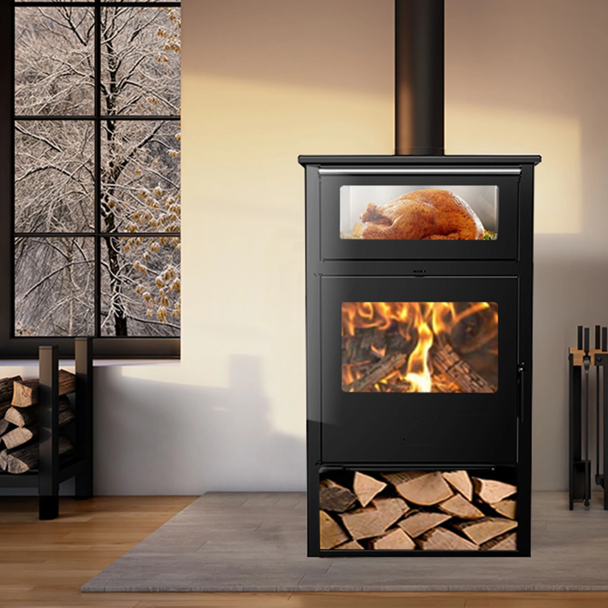 

Luxurious and practicalRC1401A 14KW 78% Efficiency Eco-friendly Wood Stove With Oven and Log Storage Indoor Wood Burning Stove
