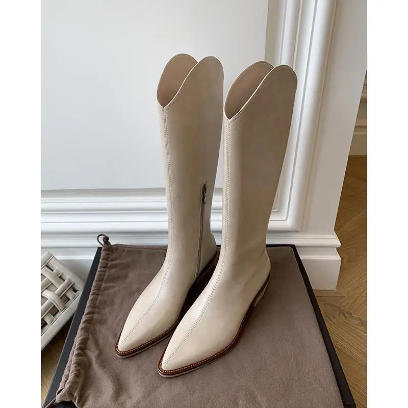 2021 New INS Women Beige High Heels Wedges Long Boots Lady Riding Cowboy Boots Winter Designer Pointed Toe Knee Thigh High Boots