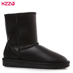 KZZO Natural Wool Fur Lined Waterproof Leather Flat Snow Boots Women Australia Classic Genuine Cowhide Leather Winter Warm Shoes