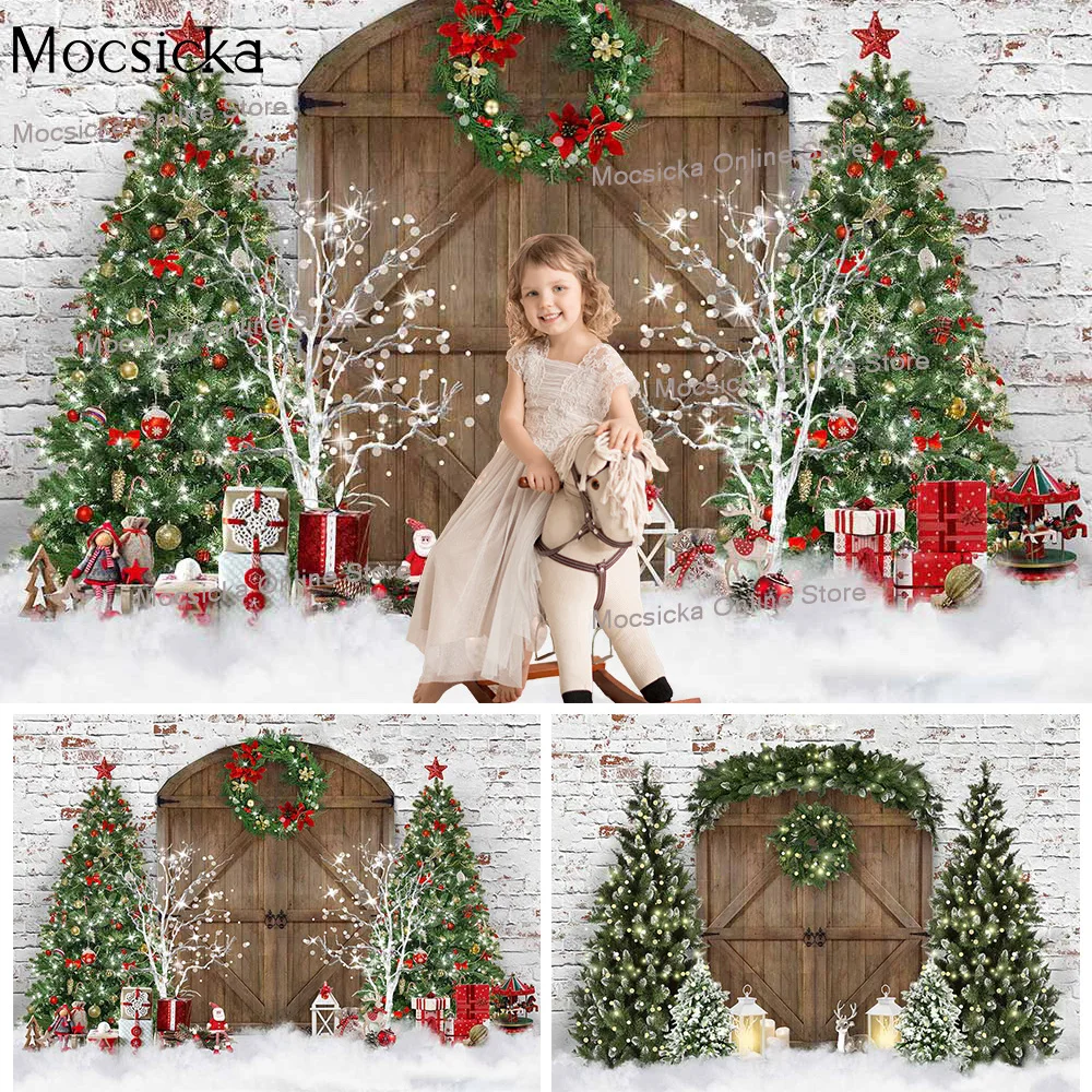 

Rustic Door Winter Portrait Backdrop for Photocall Christmas Trees Decorations Xmas Gifts Snow Cake Smash Photo Background Props