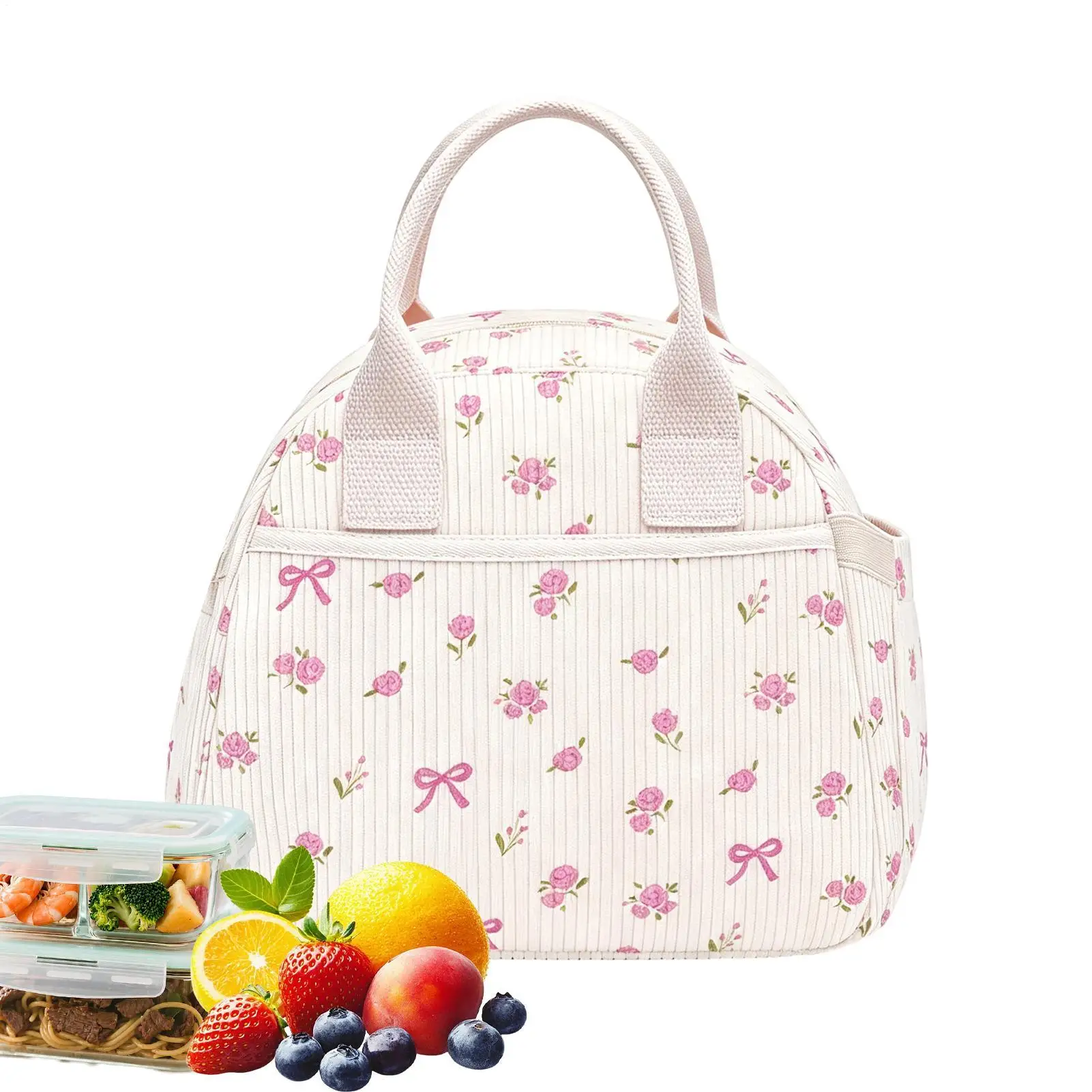 Pink Lunch Bag Corduroy Large Capacity Leakproof Reusable Pink Insulated Lunch Box For Women Girls Office School Picnics Travel