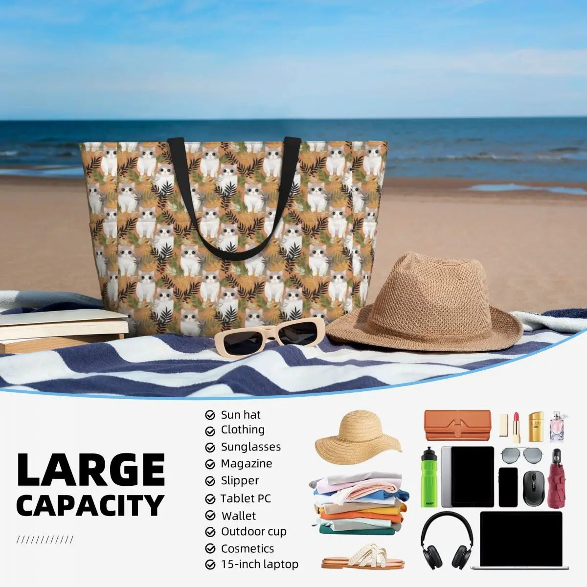 Borsa tote da spiaggia per gatti con zenzero grigio e gattini siamesi, palestra sportiva, yoga, borsone grande, borsa da viaggio da donna, borsa da fitness