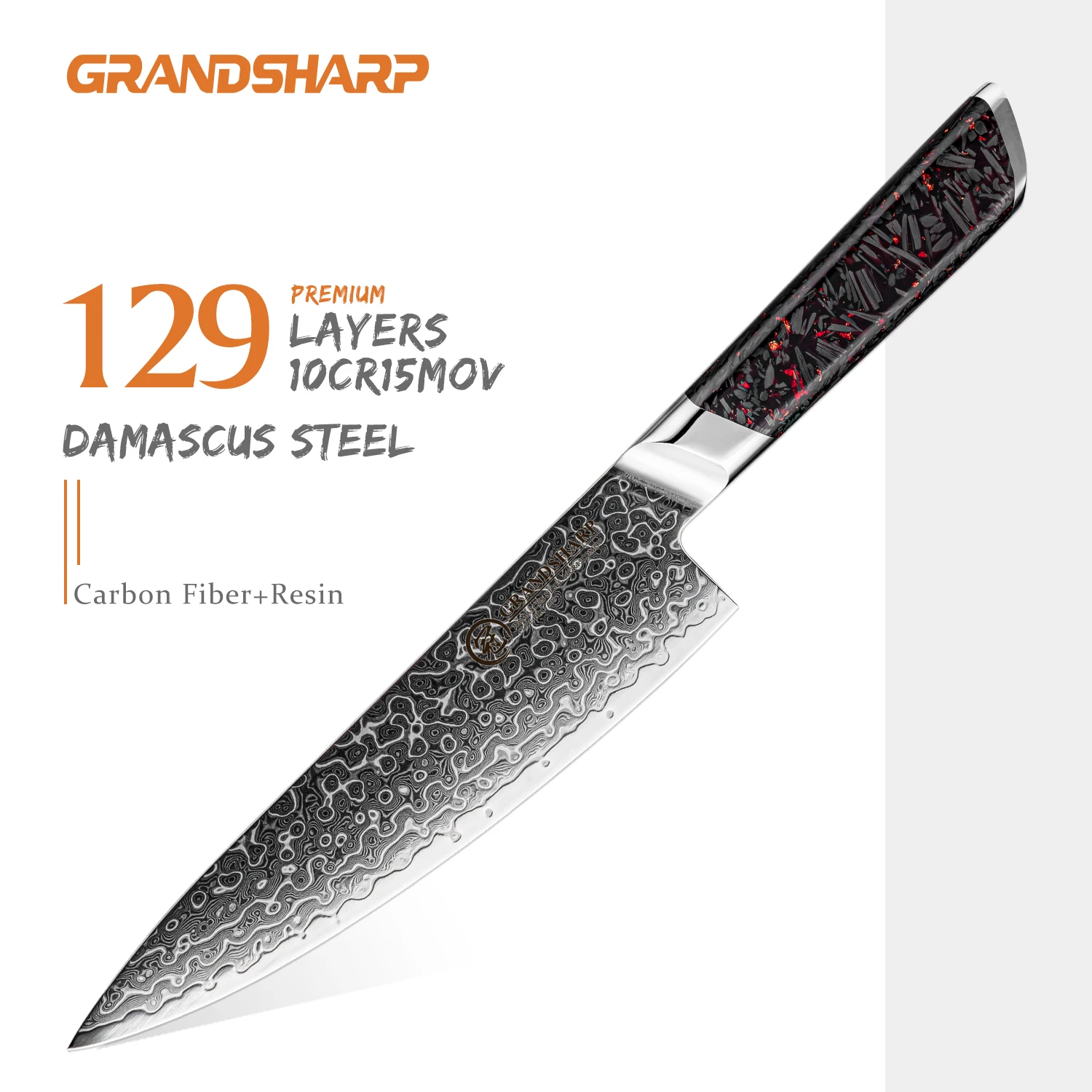 Grandsharp 8''Chef Knife 129 Layer Damascus Steel 10Cr15MoV Core Carbon Fiber&Resin Handle For Cutting Beef And Vegetables