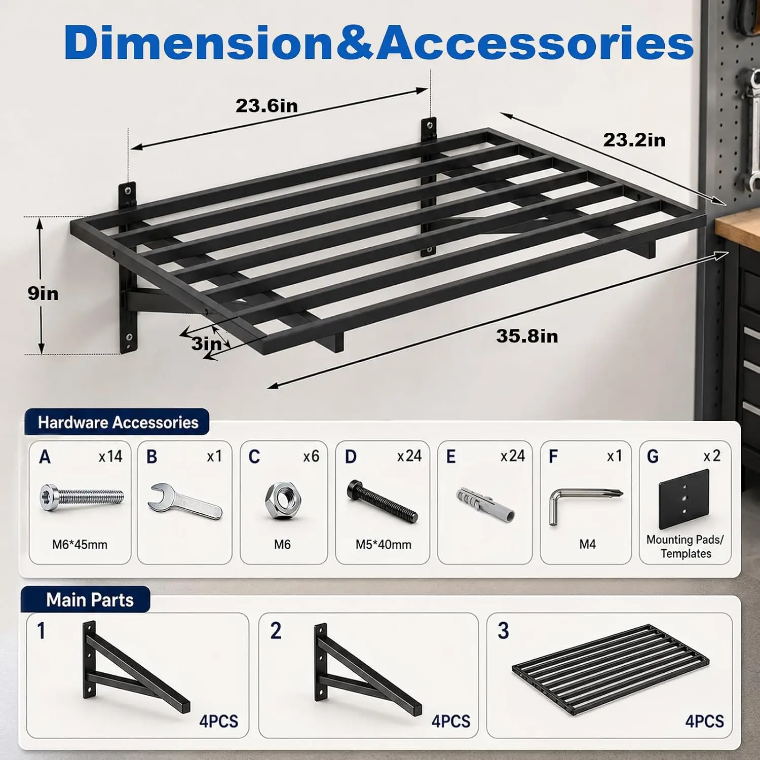 Wall Mounted Garage Storage Shelving, 4 Pack, 3 x 2 ft Heavy-Duty Shelves, 1400 lbs Capacity