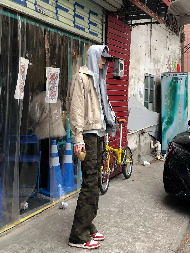 

Camouflage Bell Bot Workwear Jeans Men's Spring Autumn New Sle Cleanfit Straight Casual Pants American Retro