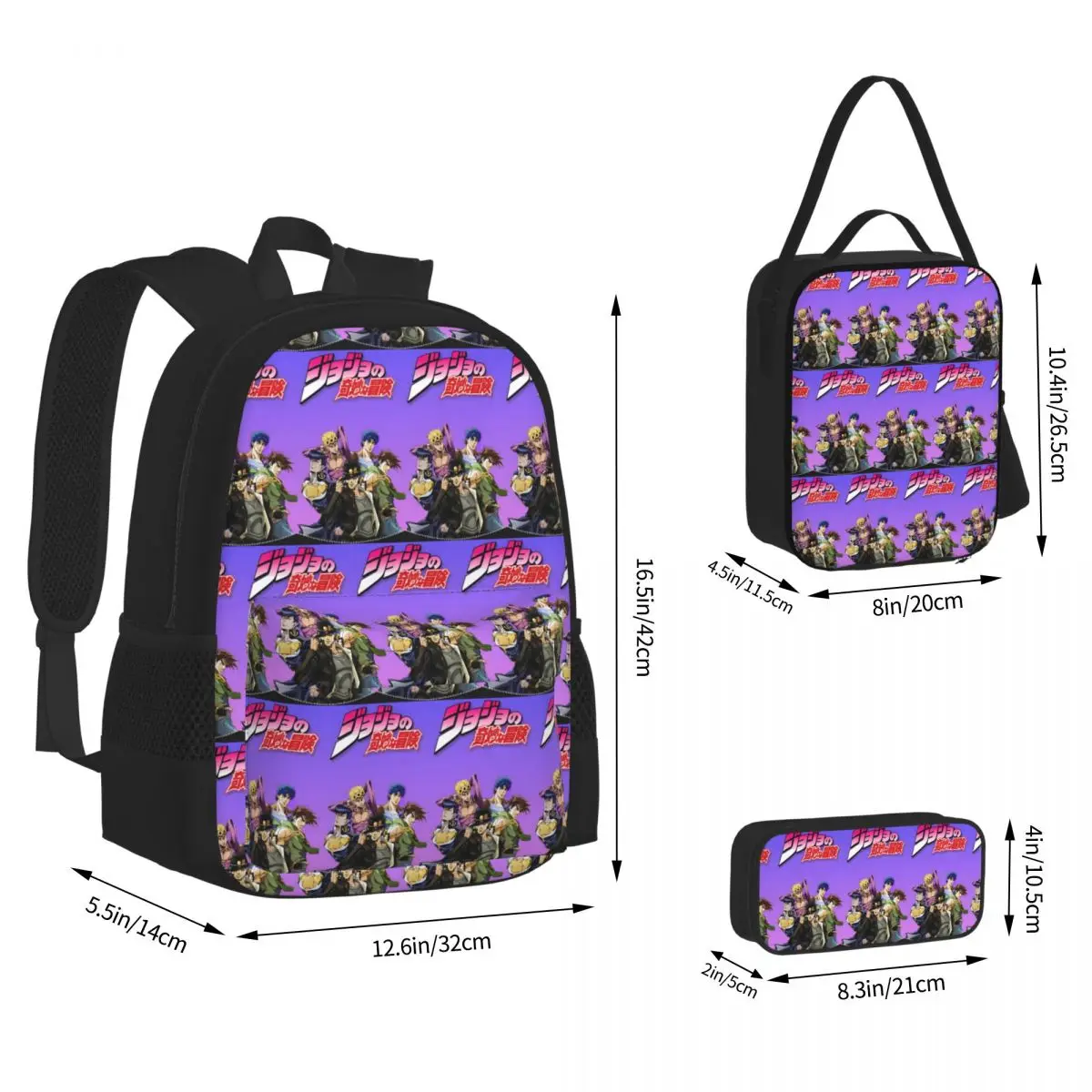 Jojo Bizarre Adventure Anime Cartoon Backpacks Boys Girls Bookbag School Bags Rucksack Lunch Bag Pen Bag Three-Piece Set