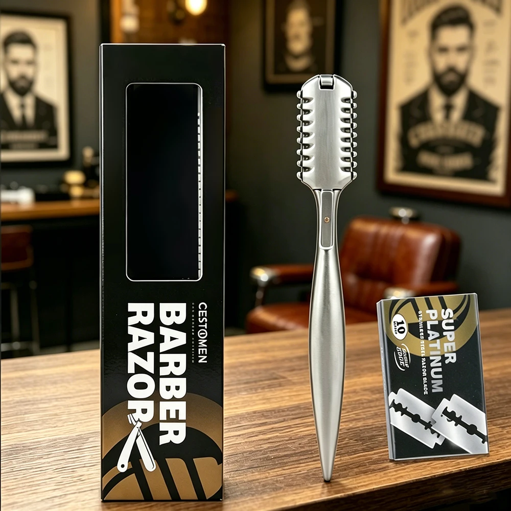 Double Side Thinning Hair Razor Holder Professional Barber Manual Haircut Tool Salon Hairdresser Razor With 10pcs Replace Blades