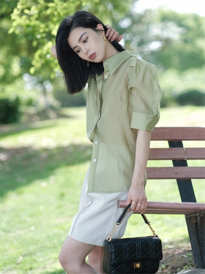 Zomer Dames Tops Button Up Lyocell Lichtgewicht Blouse Effen Kleur Retro Casual Shirt Kantoor Dames Bladerdeeg Mouw Trui Tops