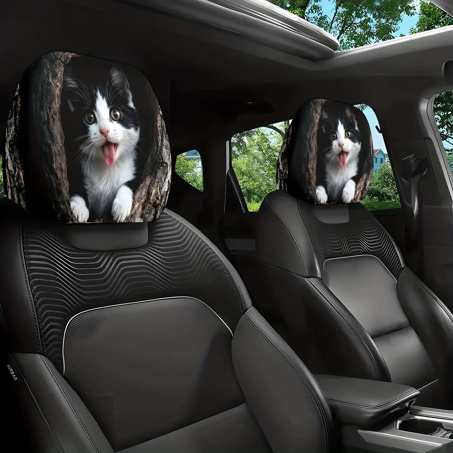 Black & White Cat Peeking Through Tree Hole Print Headrest Covers, Elastic Snug Fit, Quirky Car Atmosphere Headrest Covers