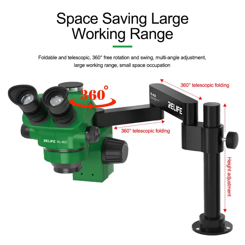 Imagem -03 - Relife-microscópio Universal Swing Arm Bracket Rl-m28 Dobrável Telescópico 360 ° Suporte de Ajuste de Altura
