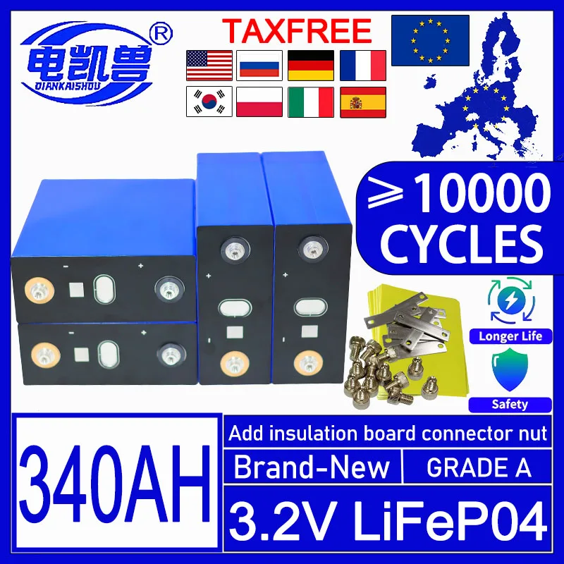 

New 3.2V 340Ah Lifepo4 Battery Grade A 3C High Power DIY 12V 24V 48V EV RV Solar Energy Storage Rechargeable Battery Duty Free