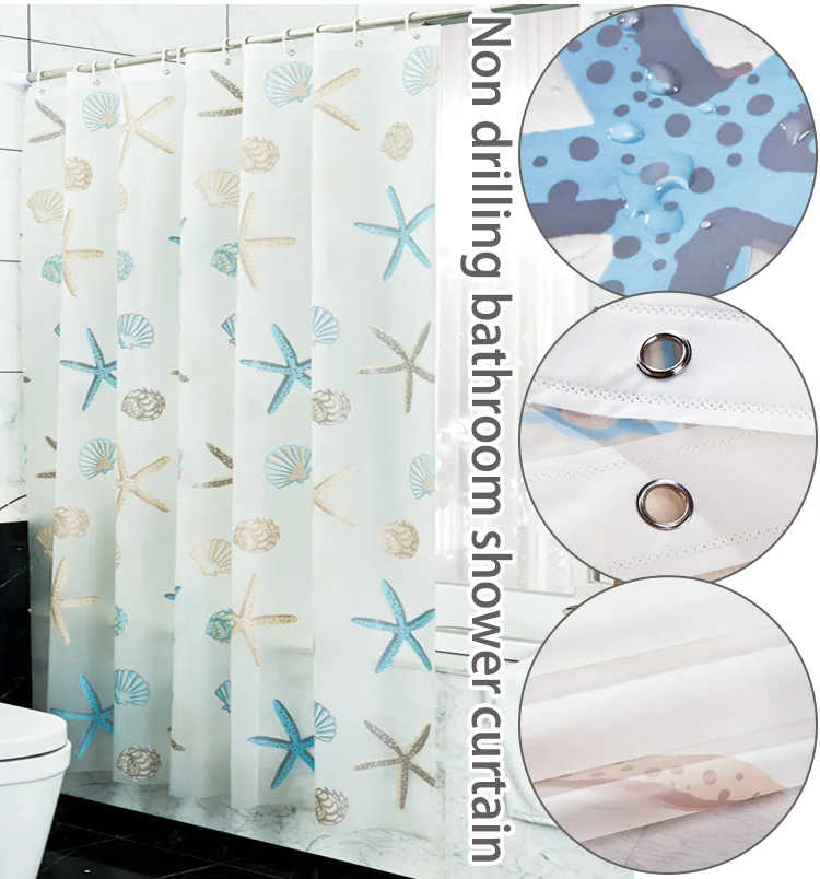 

Translucent White Shower Curtain Waterproof Ocean Starfish Print Bath Curtains Liner Bathroom Mildew PEVA Home Luxury with Hooks