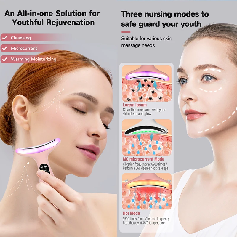 Professional 7-Color Facial and Neck Massager with LED Light Therapy and Microcurrent for Skin Tightening