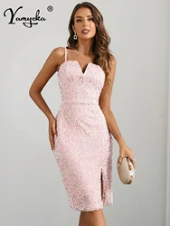 Sexy pink backless sequin summer dress women clothing vestidos midi elegantes evening party dresses bodycon club birthday dress