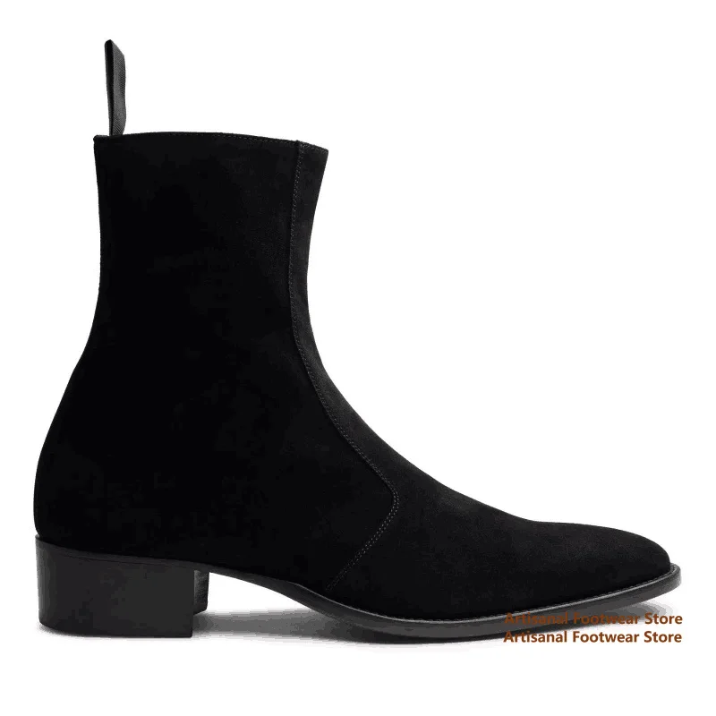 Black Suede Chelsea Boots Designer High-Top Height Increasing Men's Boots Solid Color Side Zipper Handmade Stylish Men Boots