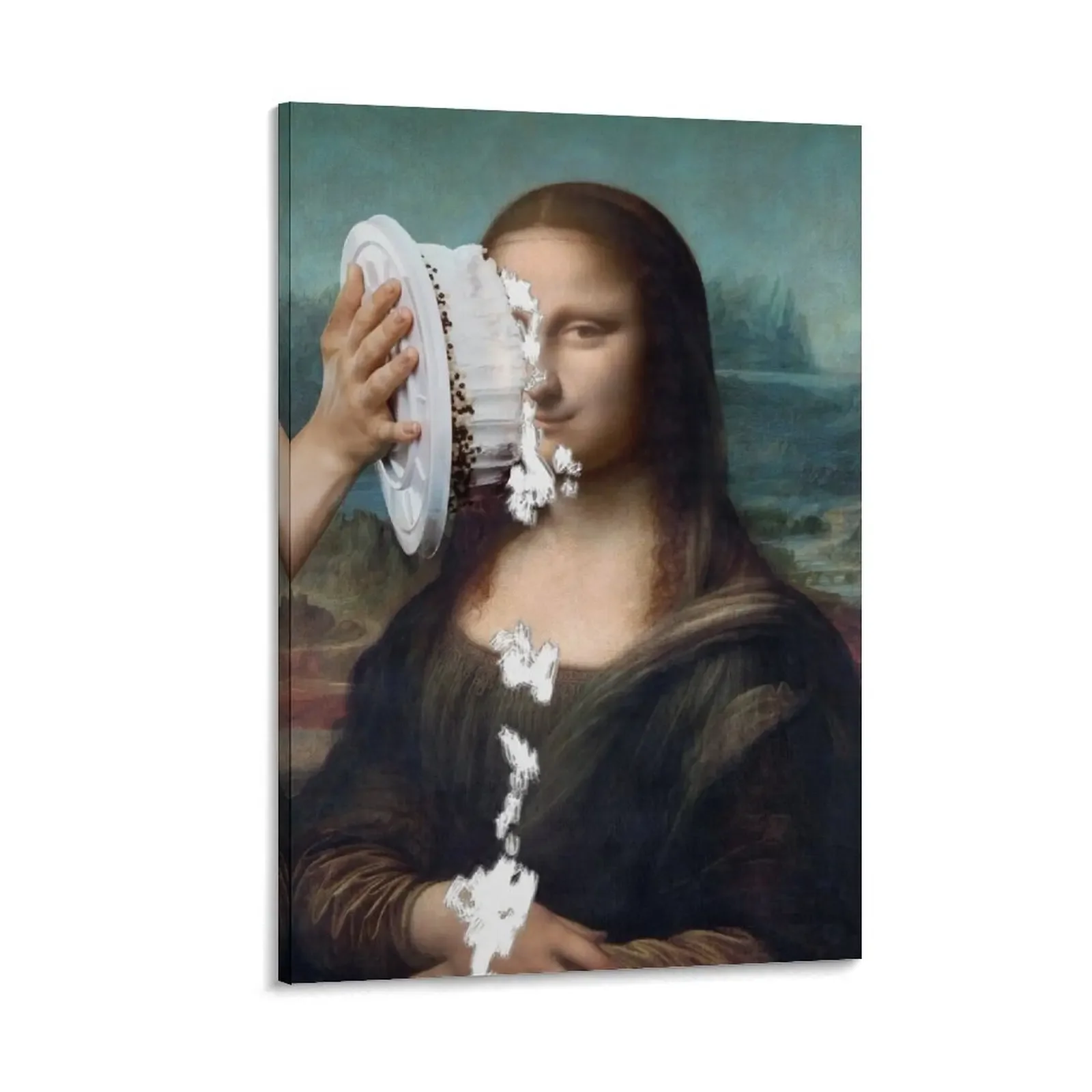 

Mona Lisa gets cake funny ,who threw the mona lisa Cake thrown in Mona Lisa face Canvas Painting