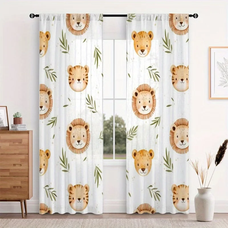 2PCS Digital Printed Sheer Curtain, Lion Cheetah Wild Cats, Safari Jungle African Animal for Living Room Bedroom Home Decor