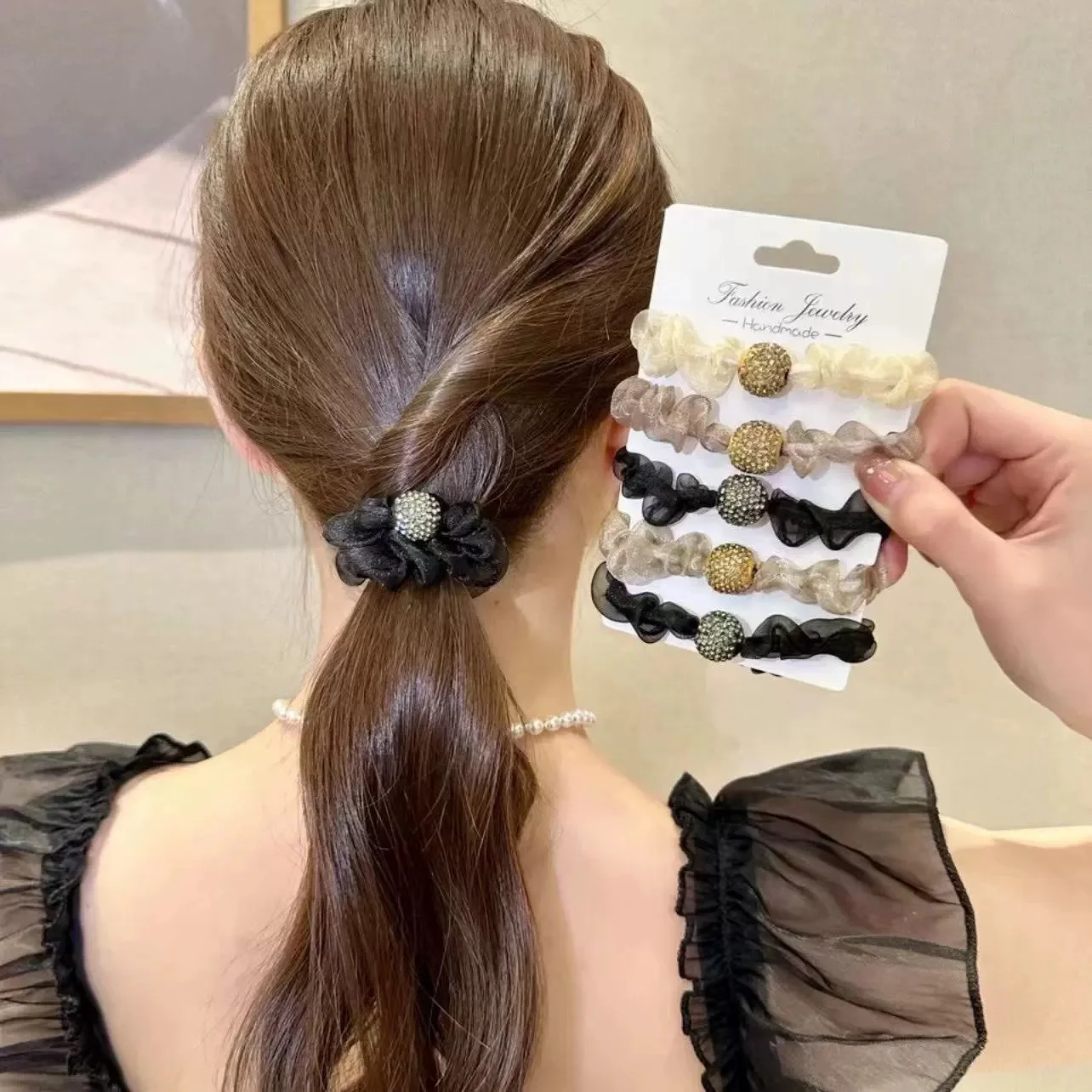 5PCS Women Organza Rhinestone Hair Band Set Simple and Elegant High Ponytail Hair Tie 2024 New High-End Pleated Scrunchie