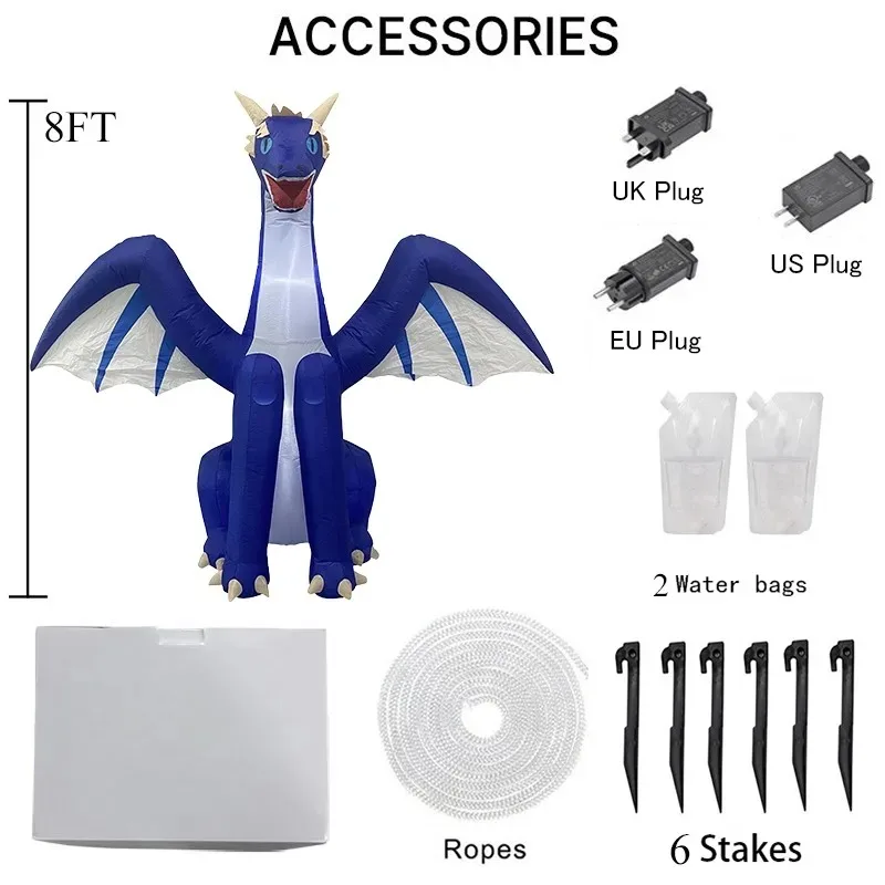 8FT Inflatable Toys Halloween Holiday Lighting Blue Dragon Decoration Built-in LED Lights Inflatable Model Party Garden Decor