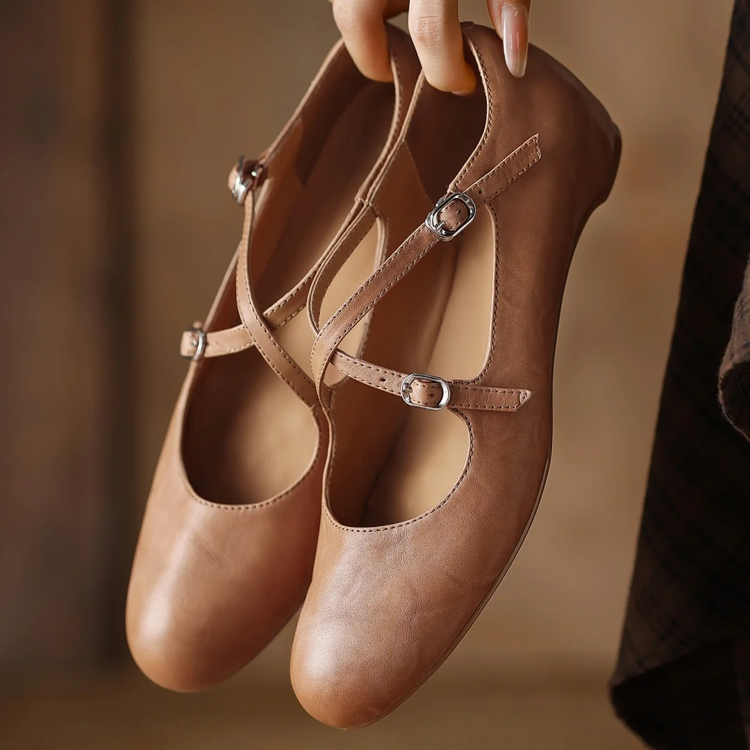 

Women's cow leather narrow band cross strap round toe slip-on flats 2.5cm wedge low heel casual female high quality soft shoes