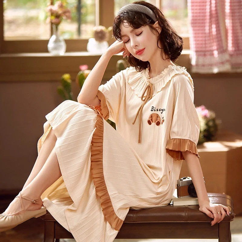 

Summer Long Short Sleeve Cotton Korean Style Women's Dress Cute Loose plus Size Home Clothes Can Be Worn outside Sleepwear