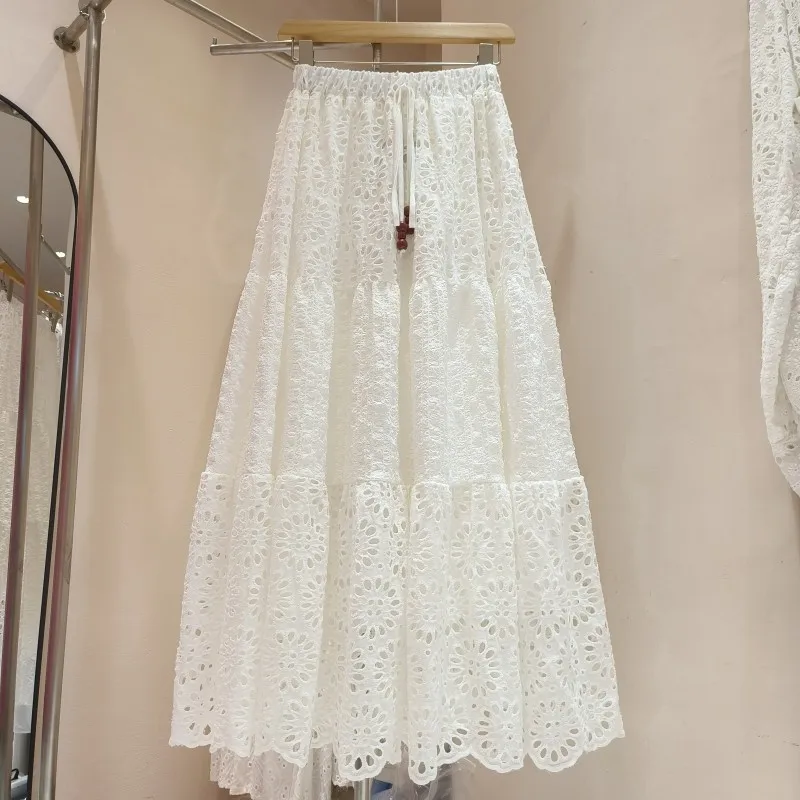 High Quality Hollowed Out Embroidery Cotton Long White Skrits Elastic High A-line Cakee Long Swing Skirt