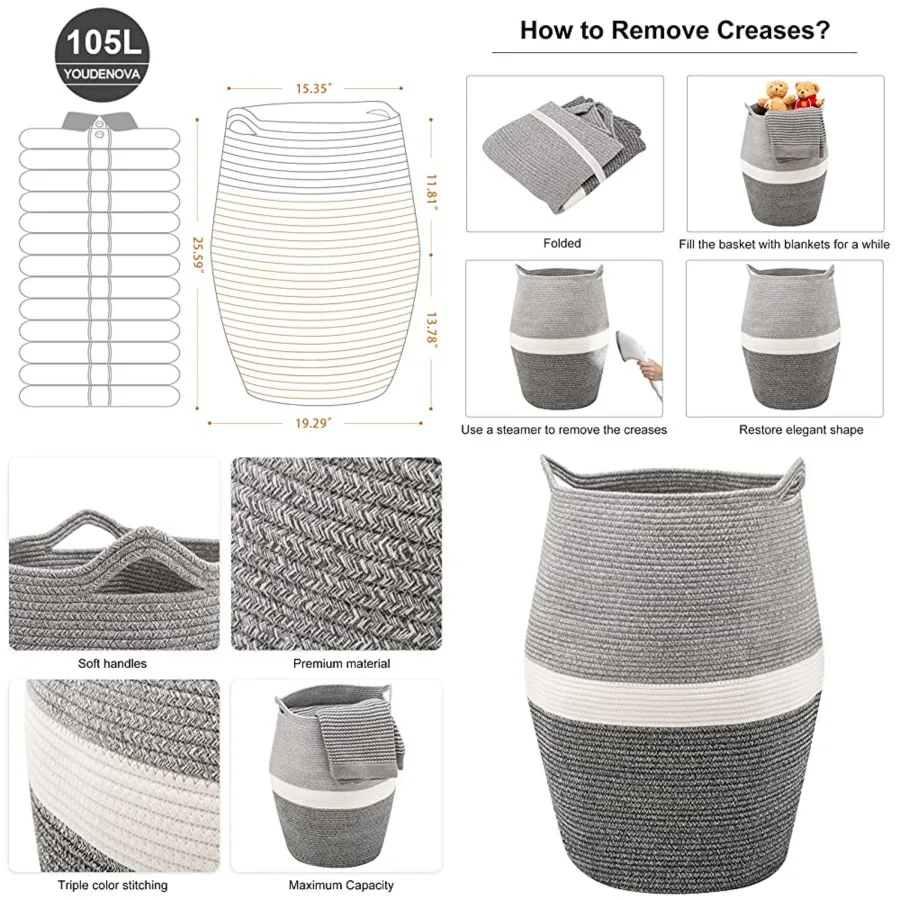 

Cotton Rope Laundry Hamper by, 105L - Woven Collapsible Laundry Basket - Clothes Storage Basket for Blankets, Laundry Room Orga