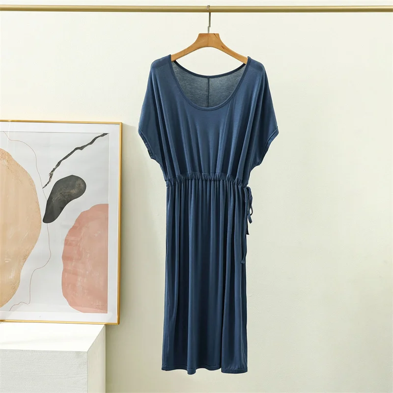 Modal Mid Length Long Dress Loose Elastic Pleated Nightdress Short Sleeved Summer Sleepwear Women Comfortable Ladies Nightgowns