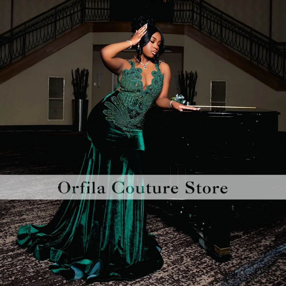 Dark Green Prom Dresses 2026 Luxury Velvet Diamonds Mermaid Party Dress For Women Evening Gowns Customized