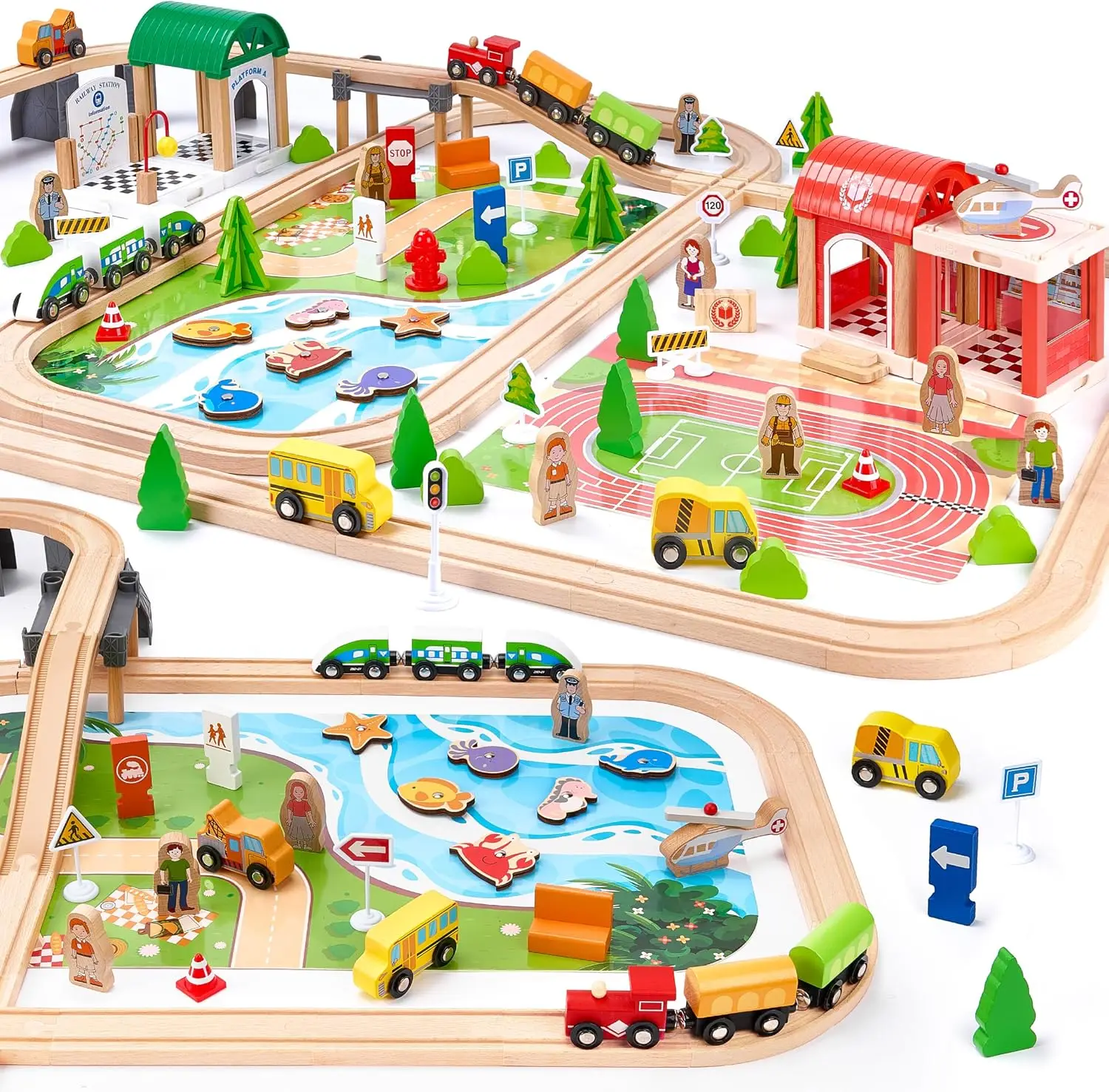 Wooden Train Set 175-Piece for Kids Ages 3-8, Double-Sided Expandable Track with Puzzles & Fishing, STEM Toys Gift