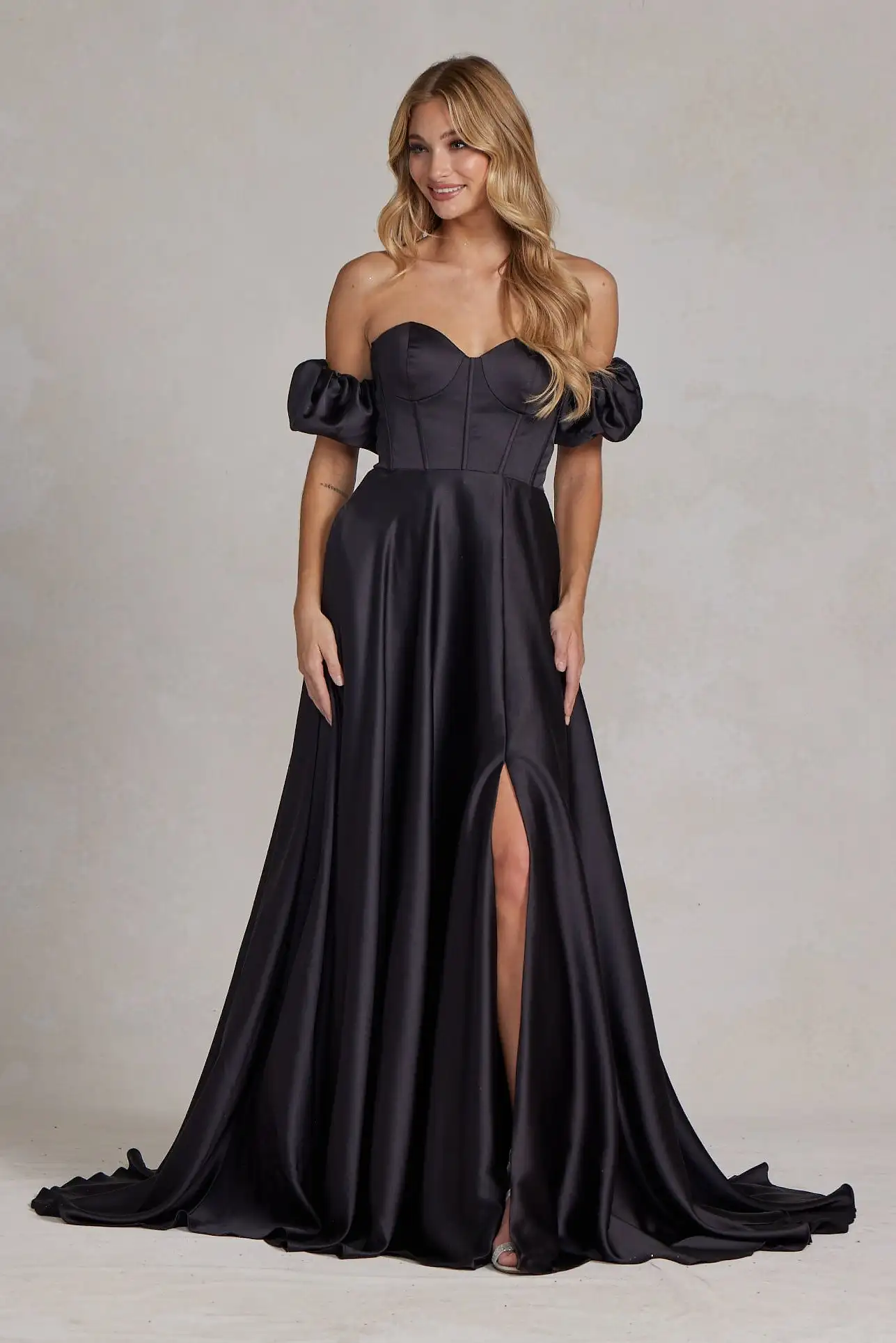 Elegant Evening Dresses Simple Long Satin Off Shoulder Short Puffy Sleeves with Slit Formal Party Prom Gowns Custom made