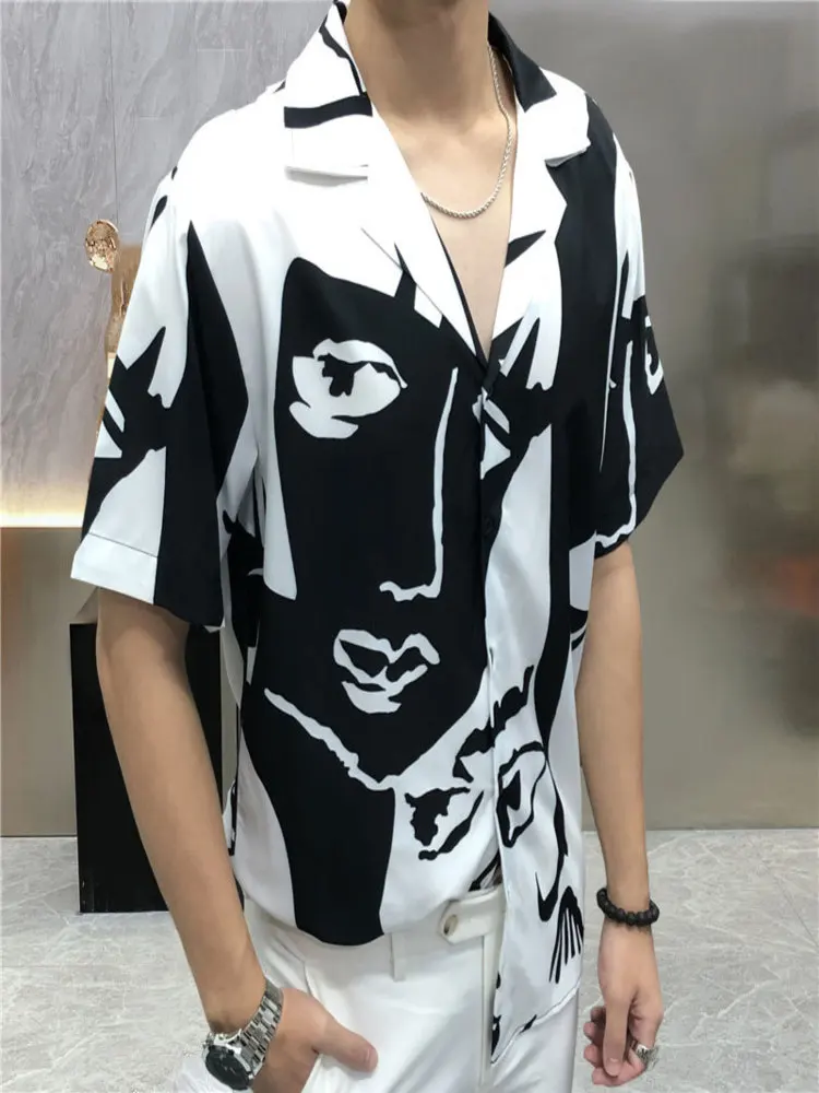 

Streetwear Casual Men Shirt Summer Portrait Black White Contrast Print Short Sleeve Camisa Masculina Moda Hombre