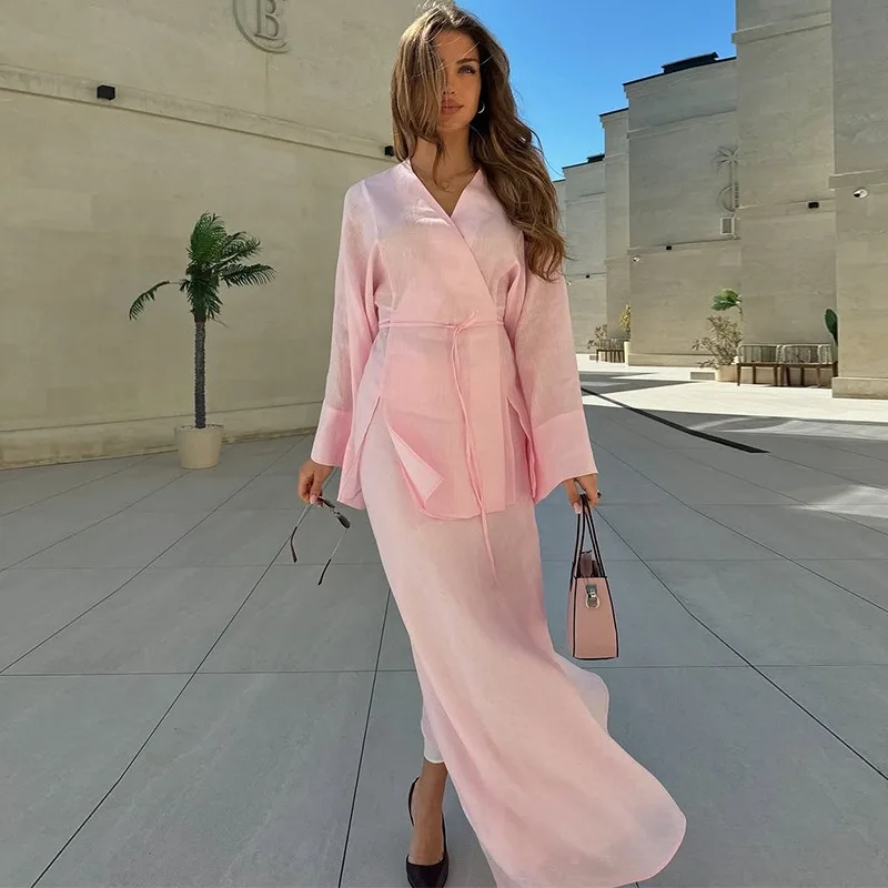 Loose Vacation Fashion Women Dress Sets Casual Dress V Neck Lace-Up Long Sleeve Cardigan High Waist Skirt Set
