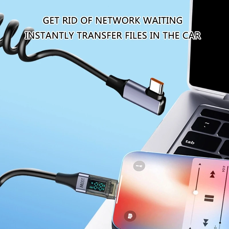 Kabel Data pegas USB Tipe C, kabel pengisian daya Cepat PD100W siku 90 derajat dengan tampilan Digital untuk laptop tablet ponsel