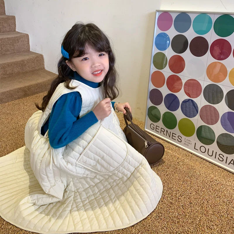 Vestido sin mangas de algodón acolchado para niñas, falda de tirantes, Color sólido grueso, 2 a 8 años, Otoño e Invierno