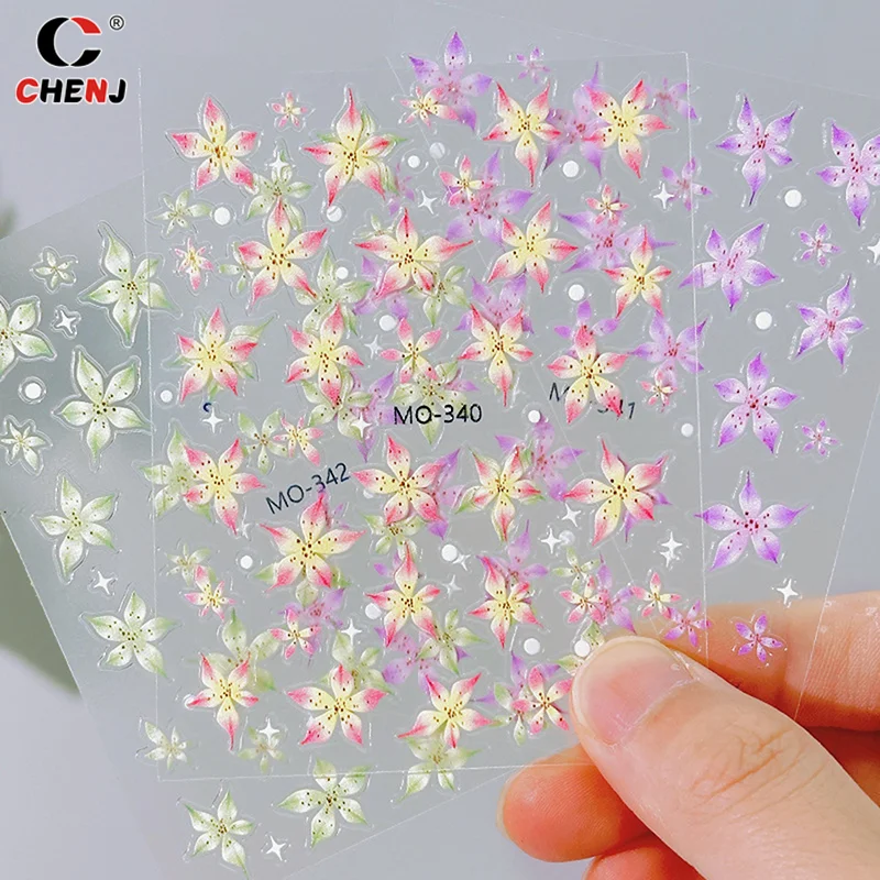 Fashion Sweet Lily Flower Nail Decals Jelly Nail Art Decorations Self Adhesive Engraved Flower Stickers DIY Manicure Accessories