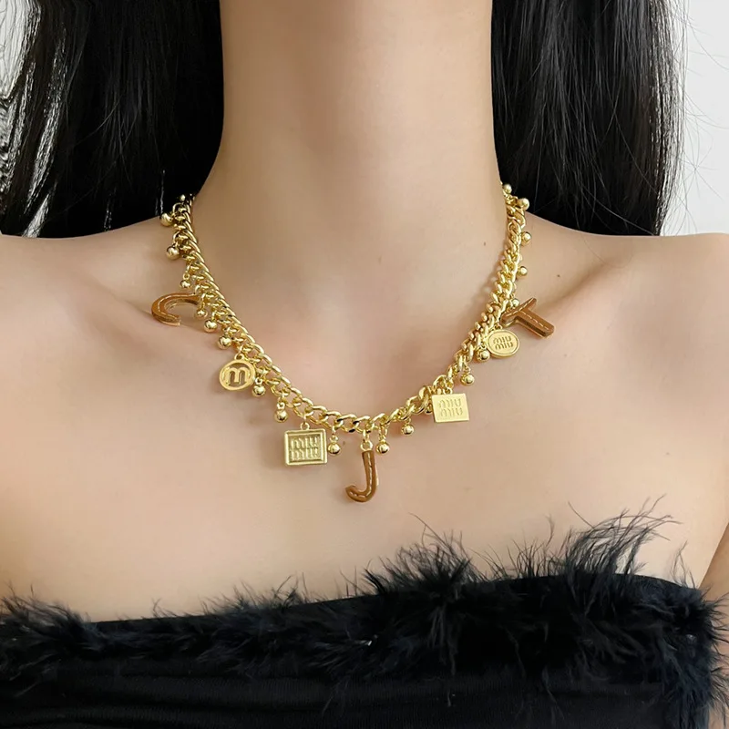 European and American Heavy Industries Metal Chain Block Letter Multi Pendant Tassel Necklace Bracelet Set