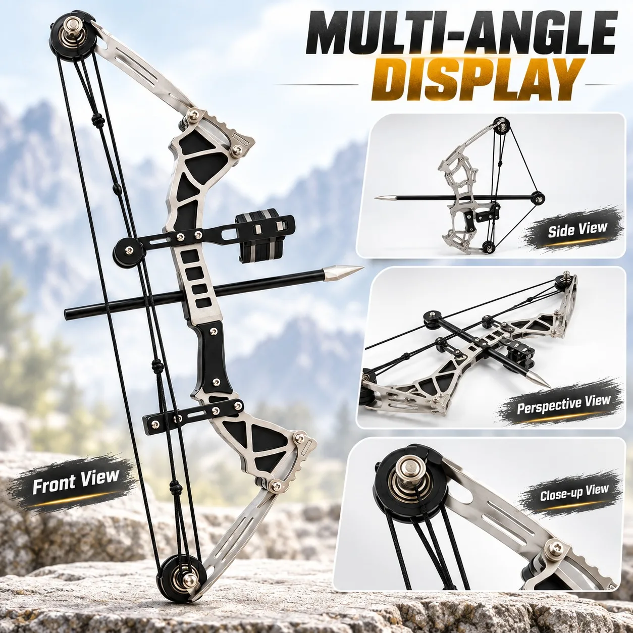 Mini 316 Stainless Steel Compound Bow Toy Pulley Bow with Bowstring Small Arrow Toy for Indoor Outdoor Stress Relief Play Gift