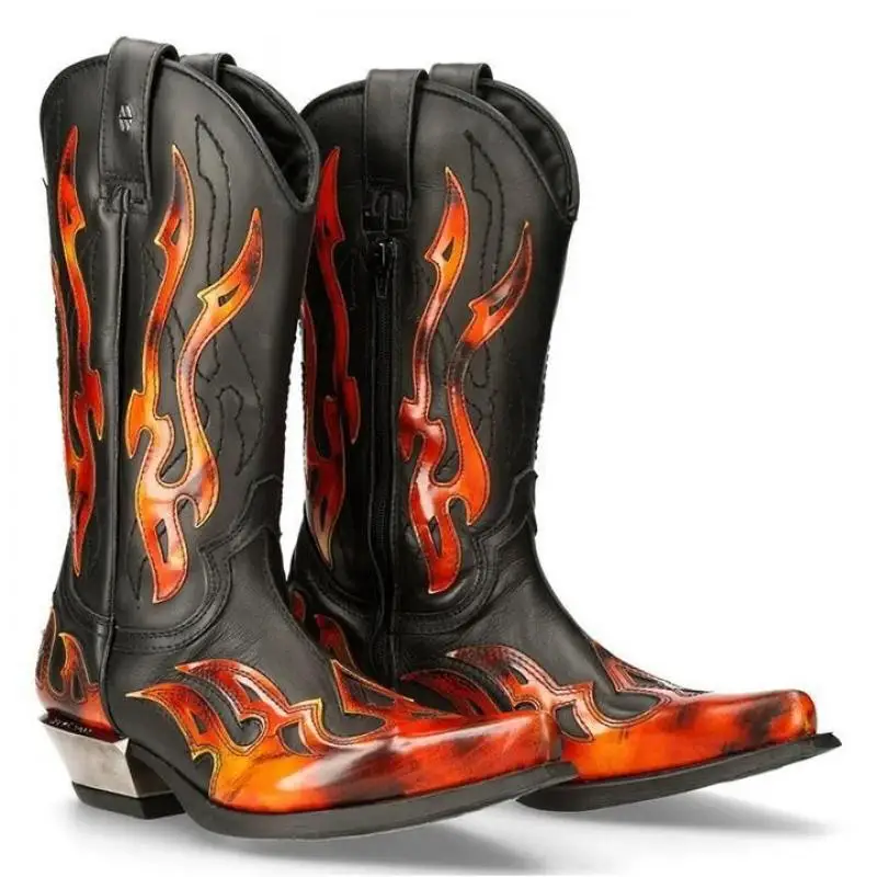 Retro-Flammen-Farbblock-Kniehohe Stiefel, Modische Spitze, Dicker Absatz, Ritterstiefel, Western-Cowboy-Luxus-Punk-Schuhe 2026 – Detail 2